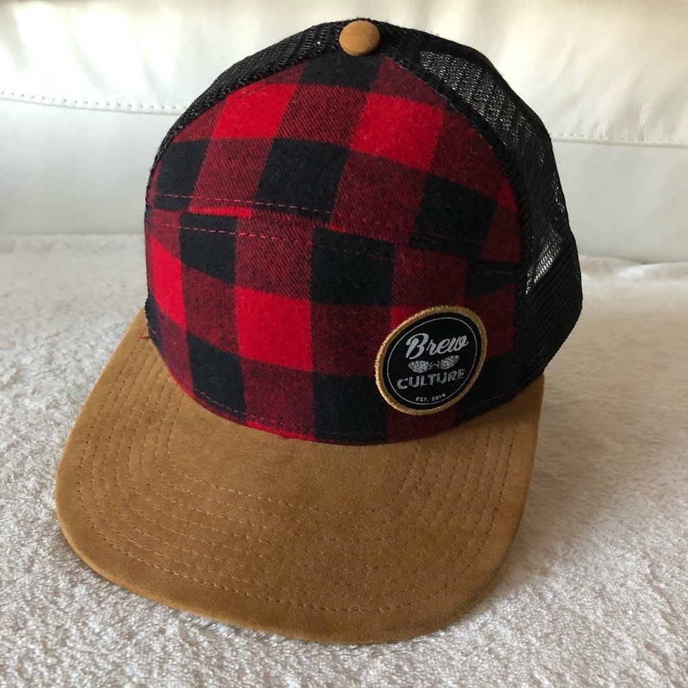 Brew Culture plaid and faux suede truckers hat ball cap